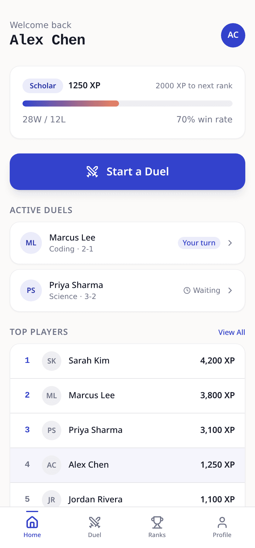SkillDuel dashboard with rank, XP and active duels