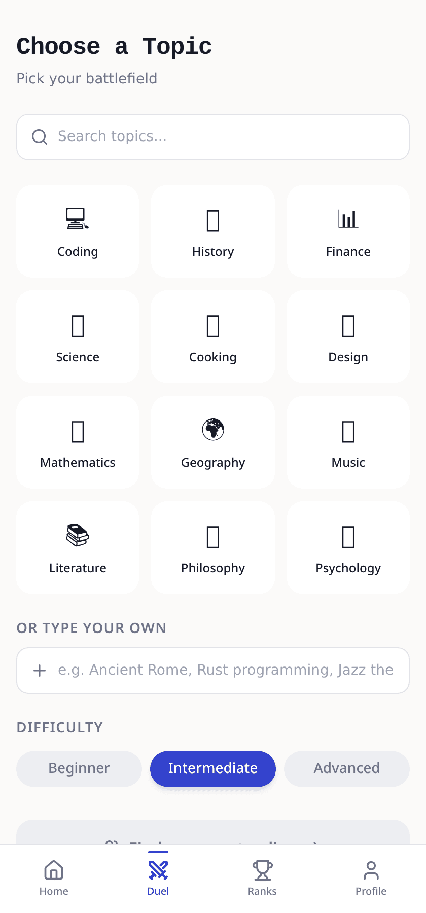 Topic selection screen with search, topic grid and difficulty pills